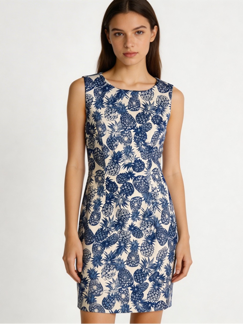 ABG Sleeveless Pineapple-Print Mini Dress in Navy and White